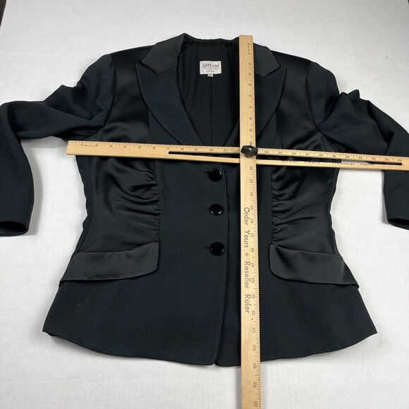 Armani Collezioni Black Satin Trim Classic Blazer 12 Ruched 3/4 Sleeve Jacket - Picture 3 of 13